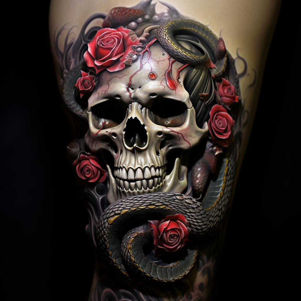 3d-tattoos,Skull & Snake Hip Tattoo