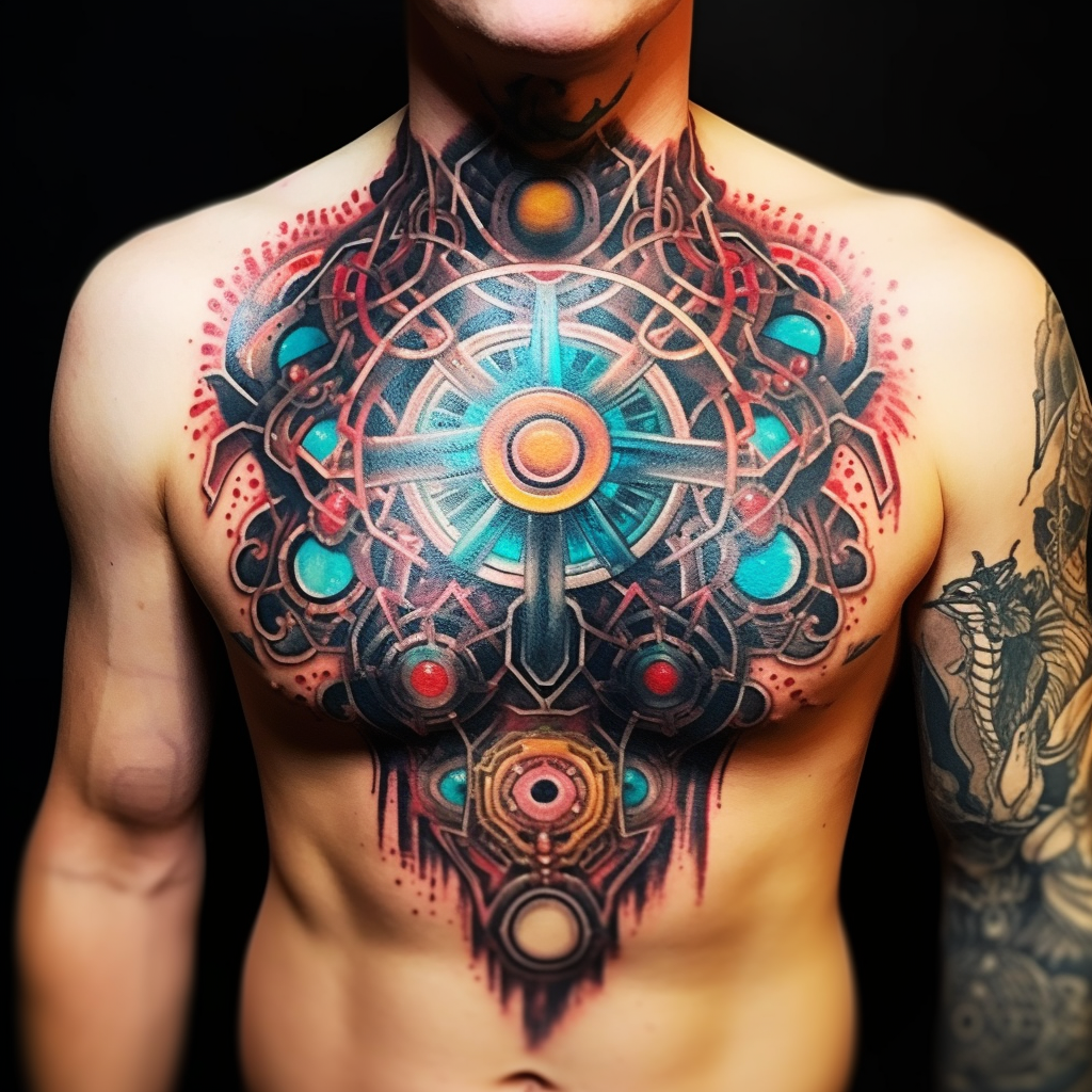 abstract-tattoos,Space Mandala Chest Tattoo