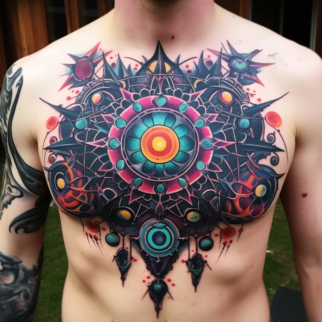 colourful-tattoos,Space Mandala Chest Tattoo