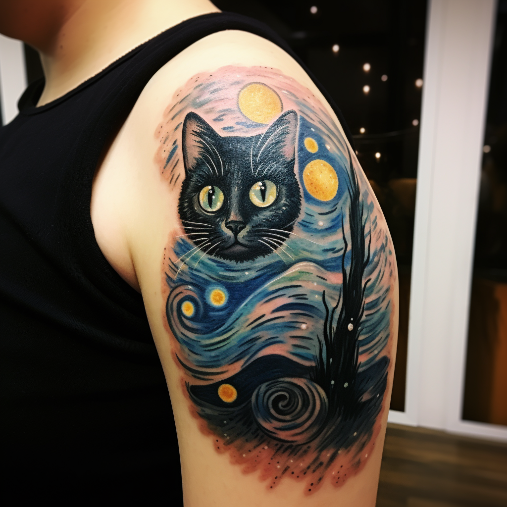 cat-tattoos,Starry Night Cat