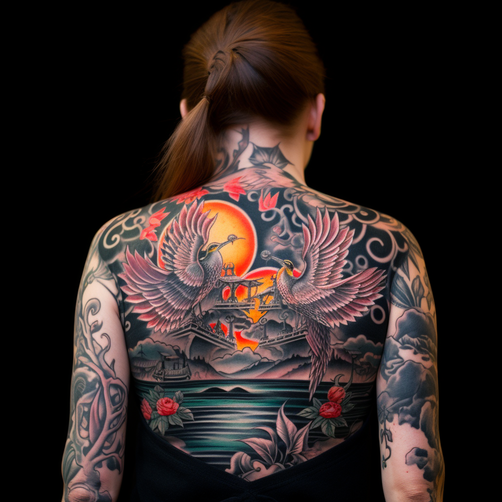 a tattoo,birds,Framed Swan, Woman’s Full Back Tattoo