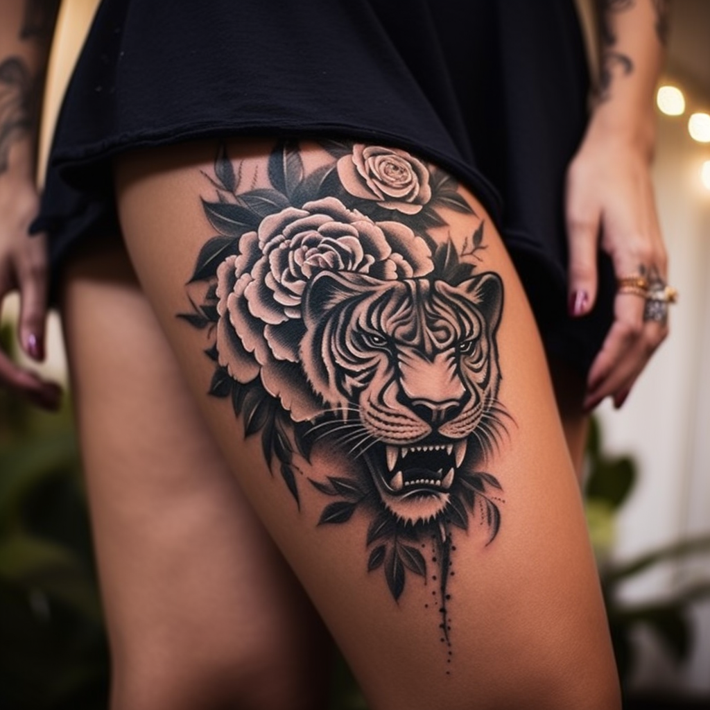 a tattoo,black-ink,Pretty Hip Tattoo With Tiger & Flowers