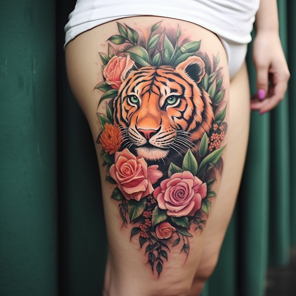 floral-tattoos,Pretty Hip Tattoo With Tiger & Flowers