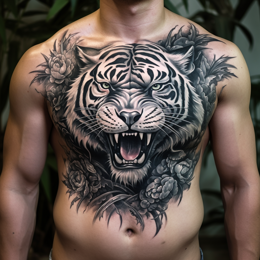 chest-tattoos,Tiger Chest Tattoo