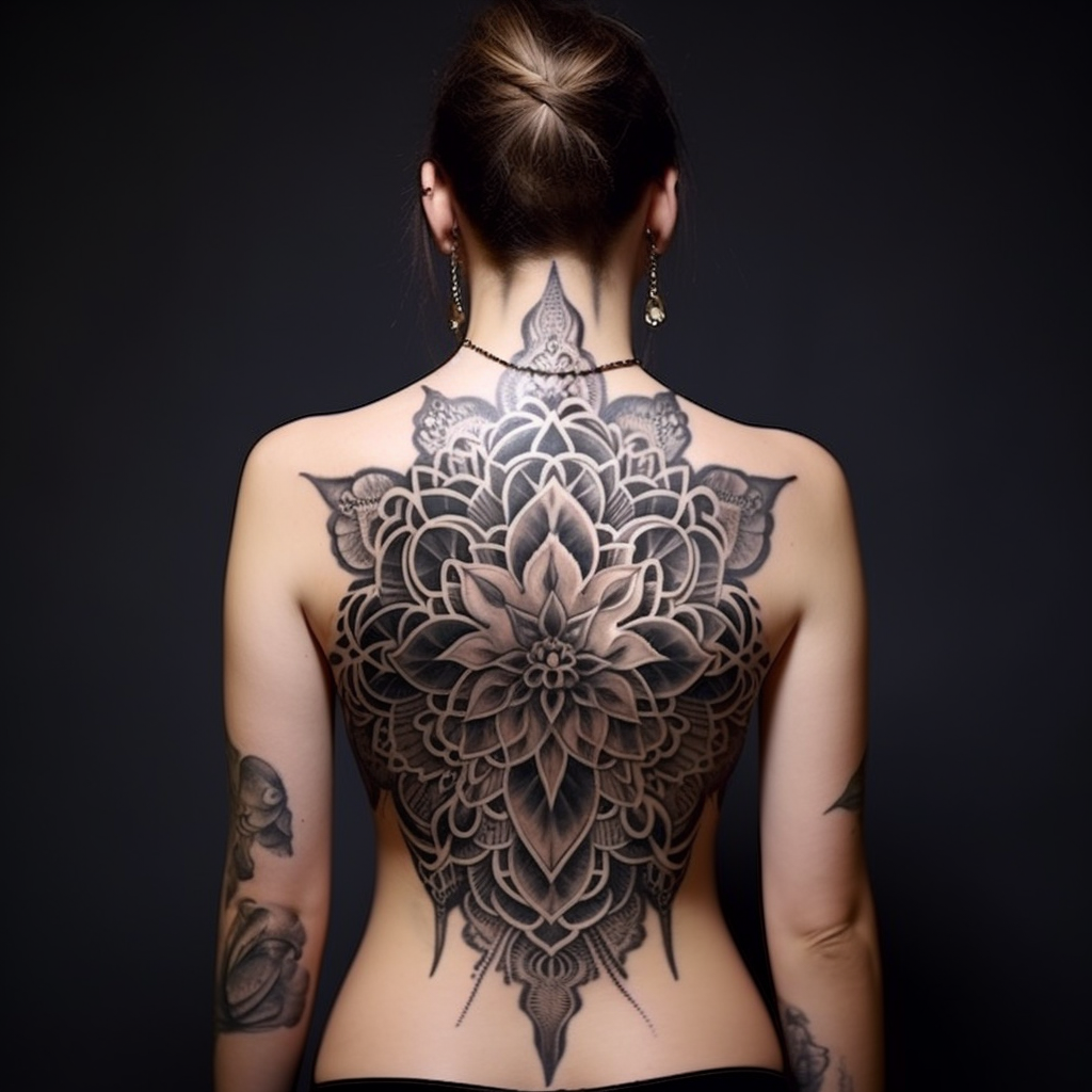 3d-tattoos,Beautiful Mandala Back Tattoo