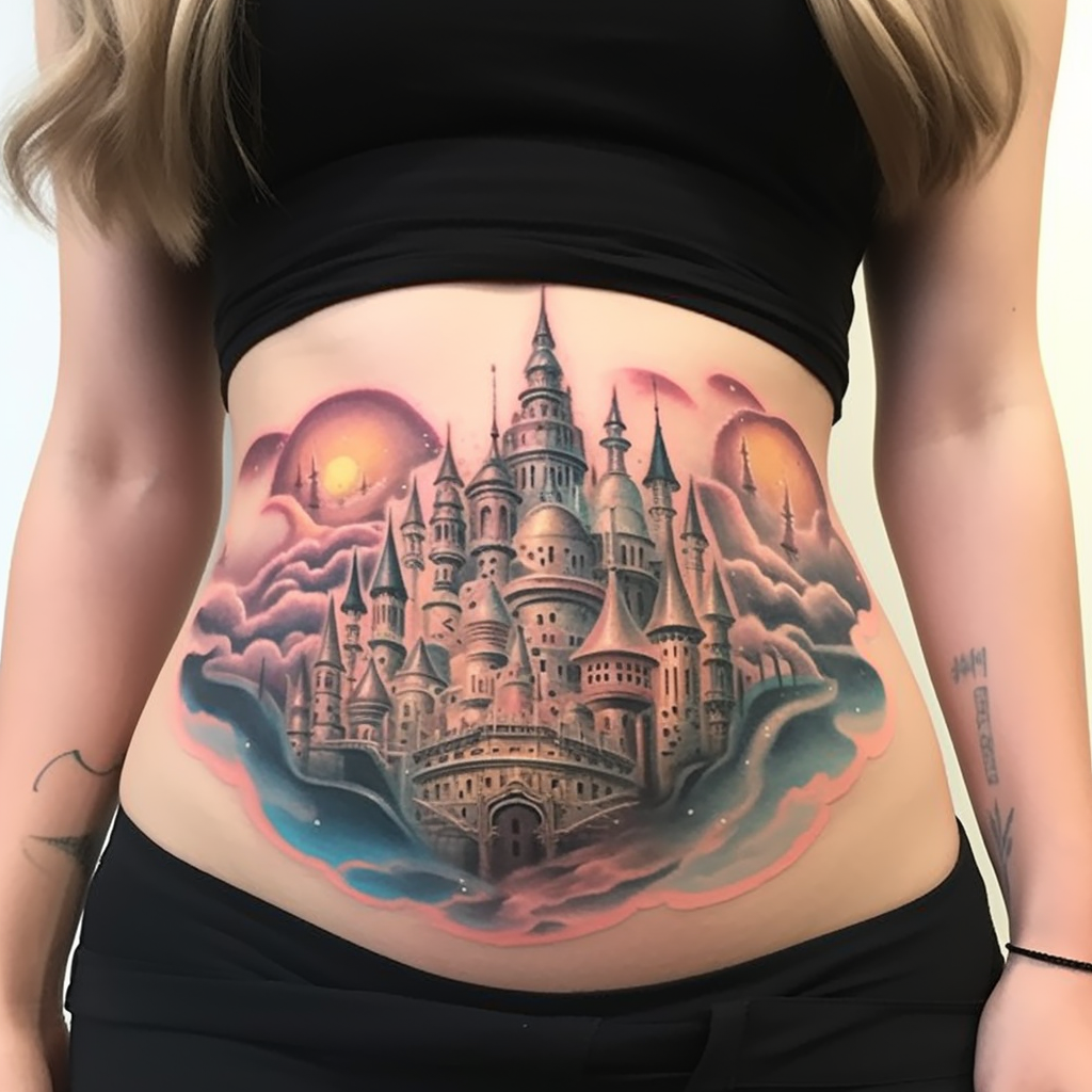 belly-tattoos,Castle Tattoo