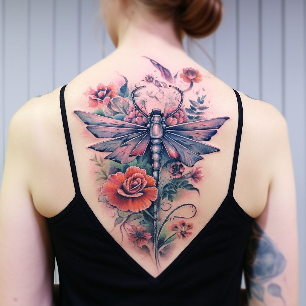 bug-tattoos,Dragonfly & Flower