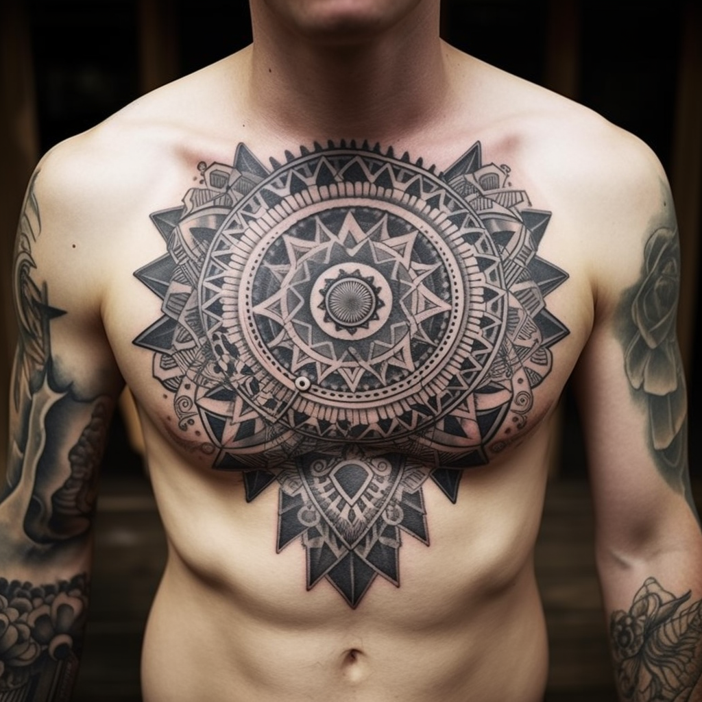 chest-tattoos,Geometric Pattern & Mandala Chest Tattoo