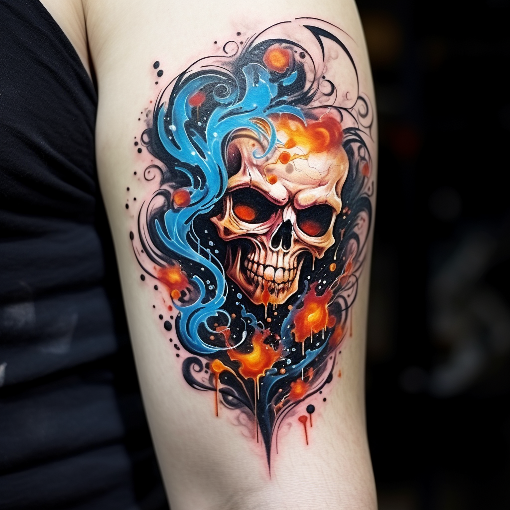 abstract-tattoos,Flaming Skulls & Heart