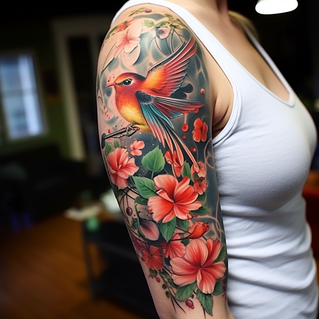 cute-tattoos-2,Hummingbird & Flowers Sleeve