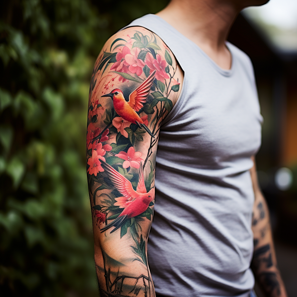 floral-tattoos,Hummingbird & Flowers Sleeve