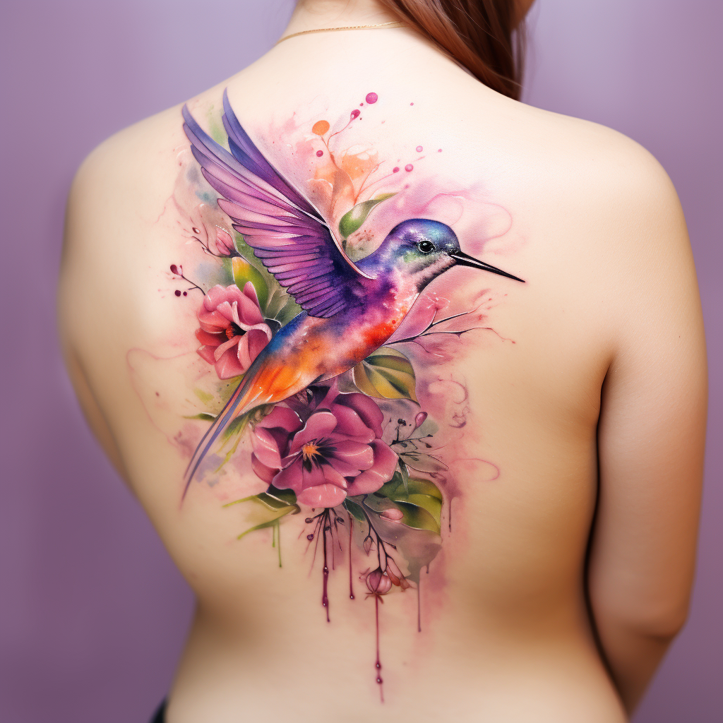 floral-tattoos,Watercolor Hummingbird & Flowers