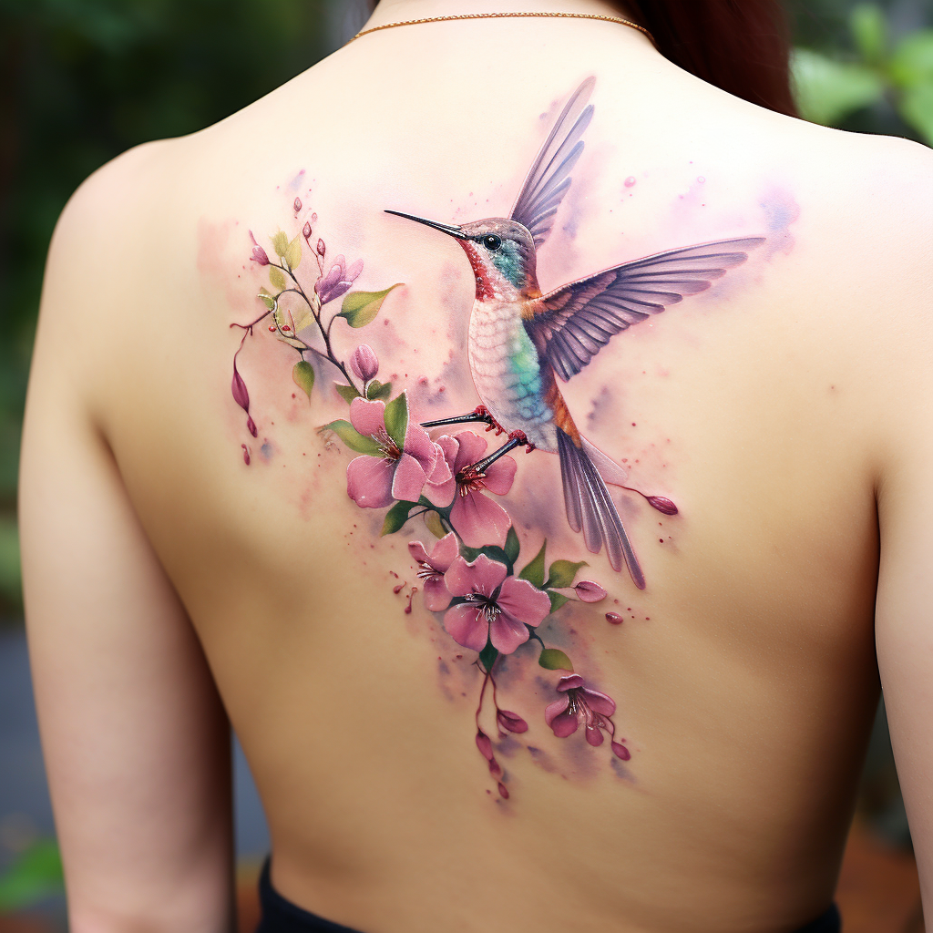 animal-tattoos,Watercolor Hummingbird & Flowers