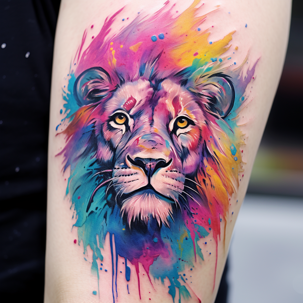 colourful-tattoos,Realism Lion Face With Watercolor