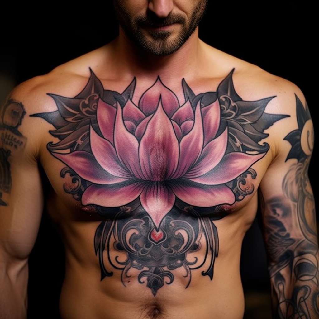 chest-tattoos,Lotus Flower Chest Tattoo