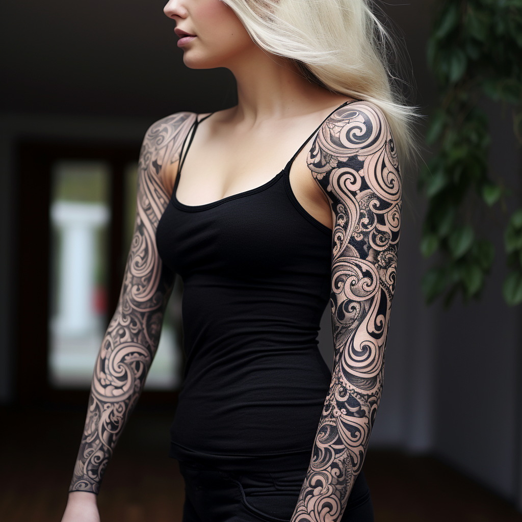 a tattoo,black-ink,Ornamental Sleeve