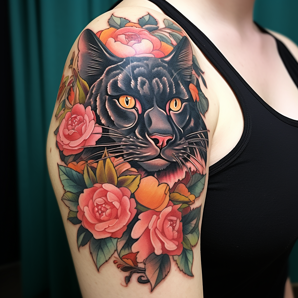 cat-tattoos,Panther & Peonies