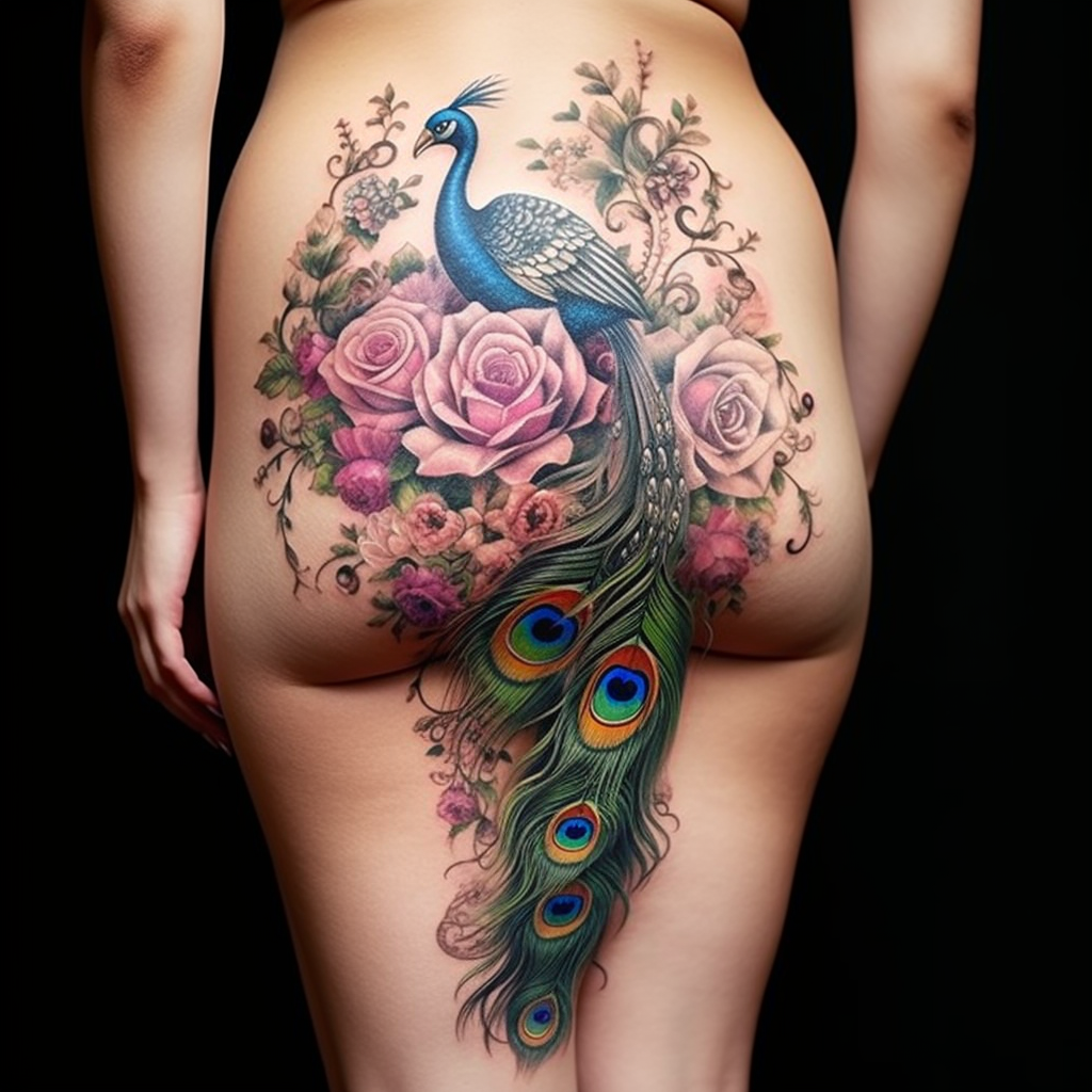 animal-tattoos,Pretty Peacock & Flowers Hip Tattoo