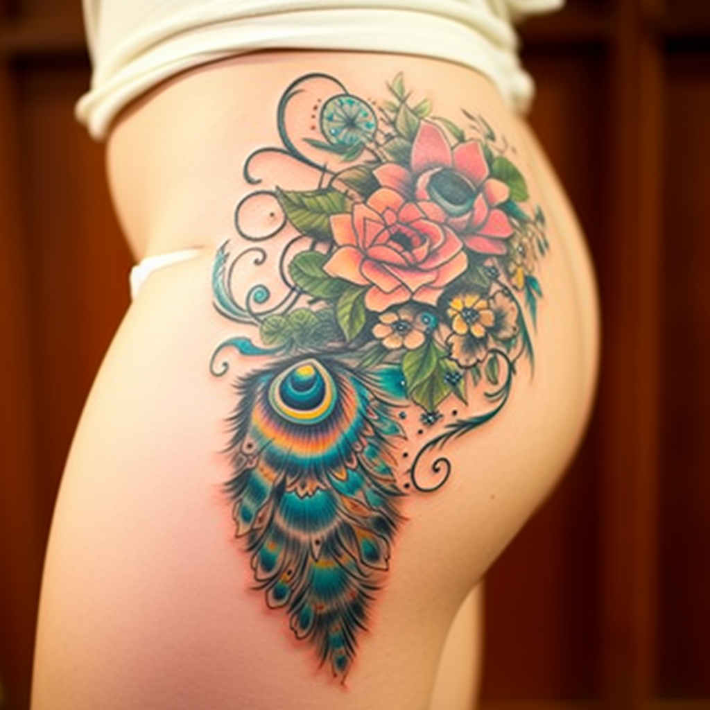 cute-tattoos-2,Pretty Peacock & Flowers Hip Tattoo