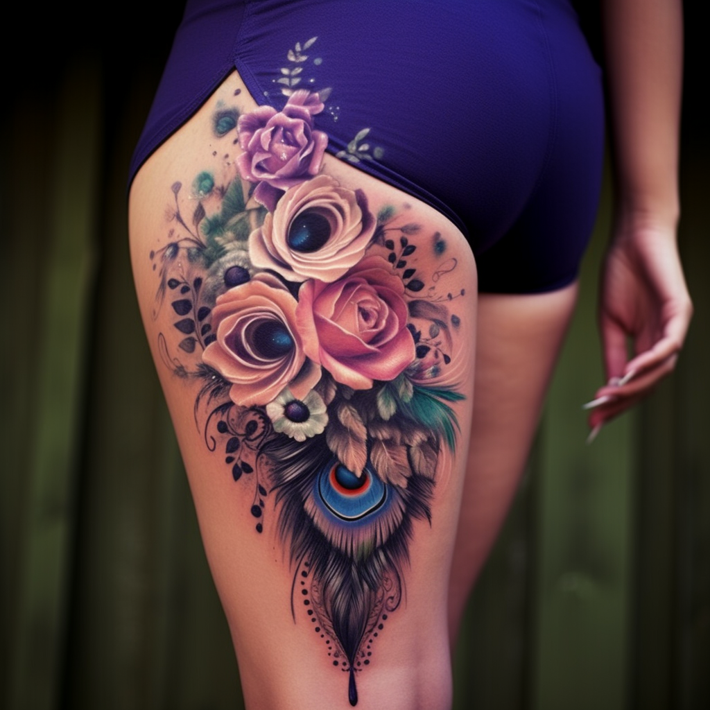 floral-tattoos,Pretty Peacock & Flowers Hip Tattoo