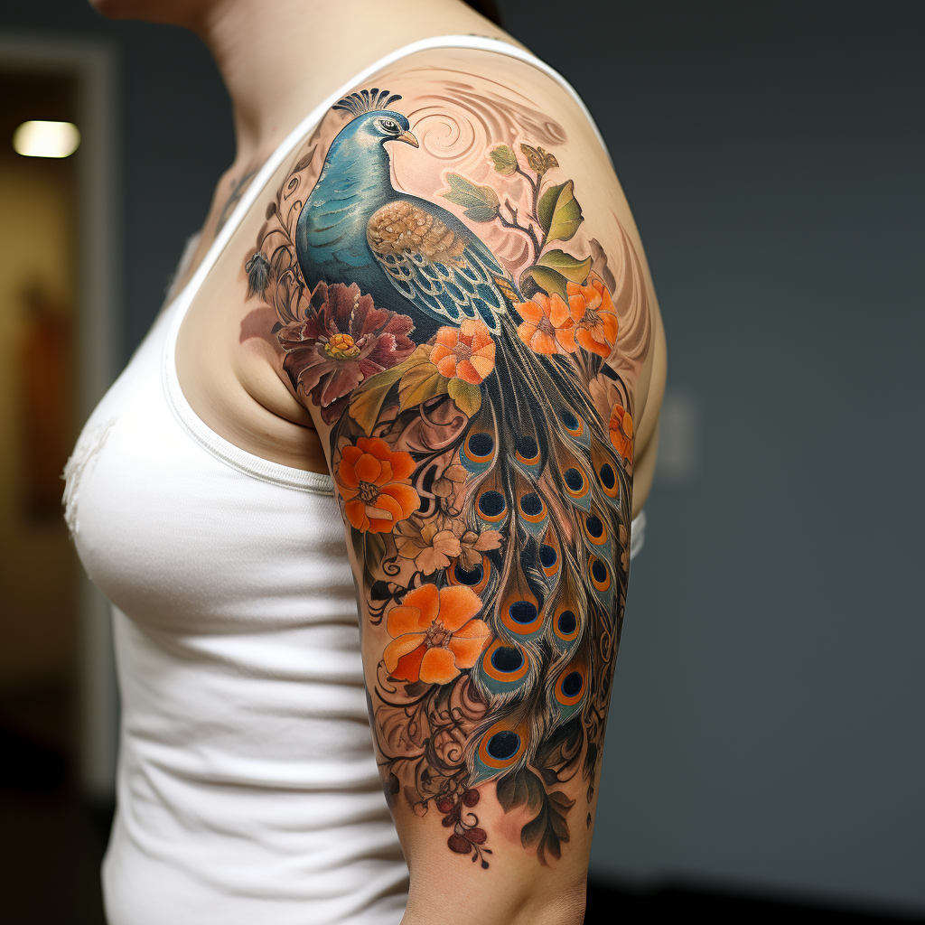 a tattoo,birds,Peacock & Flowers