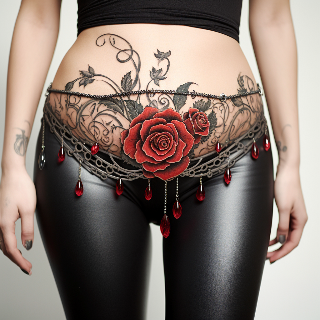 belly-tattoos,Red Rose & Filigree
