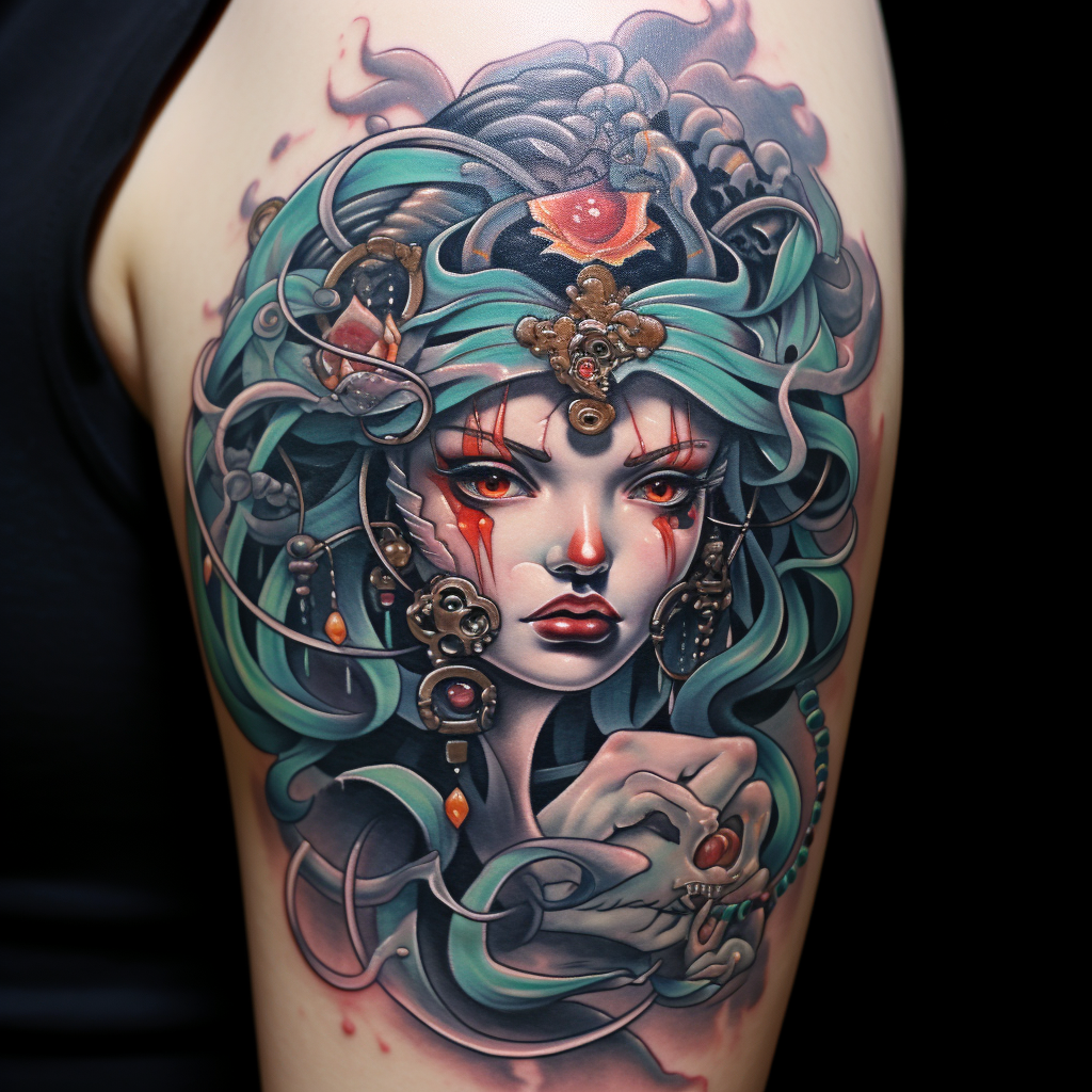 colourful-tattoos,Samurai Medusa