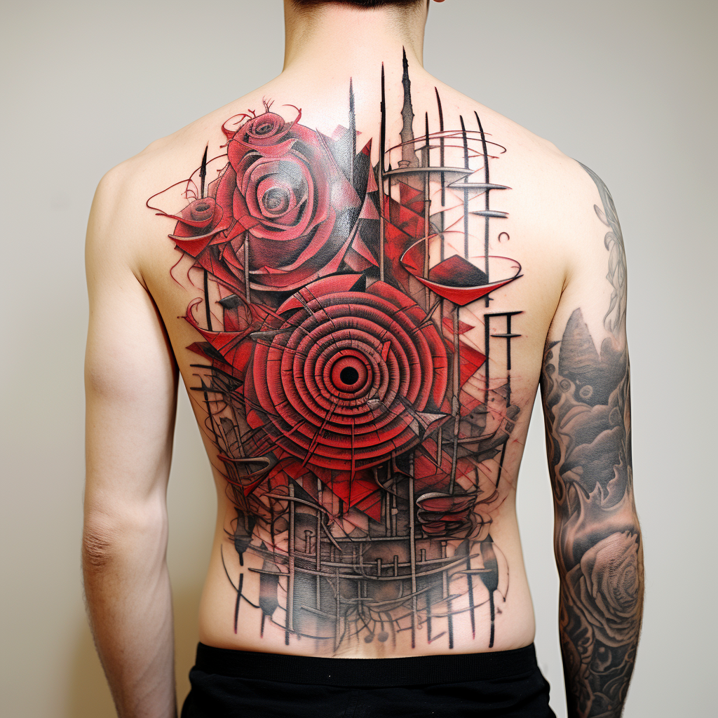abstract-tattoos,Rose & Sculpture Back Tattoo