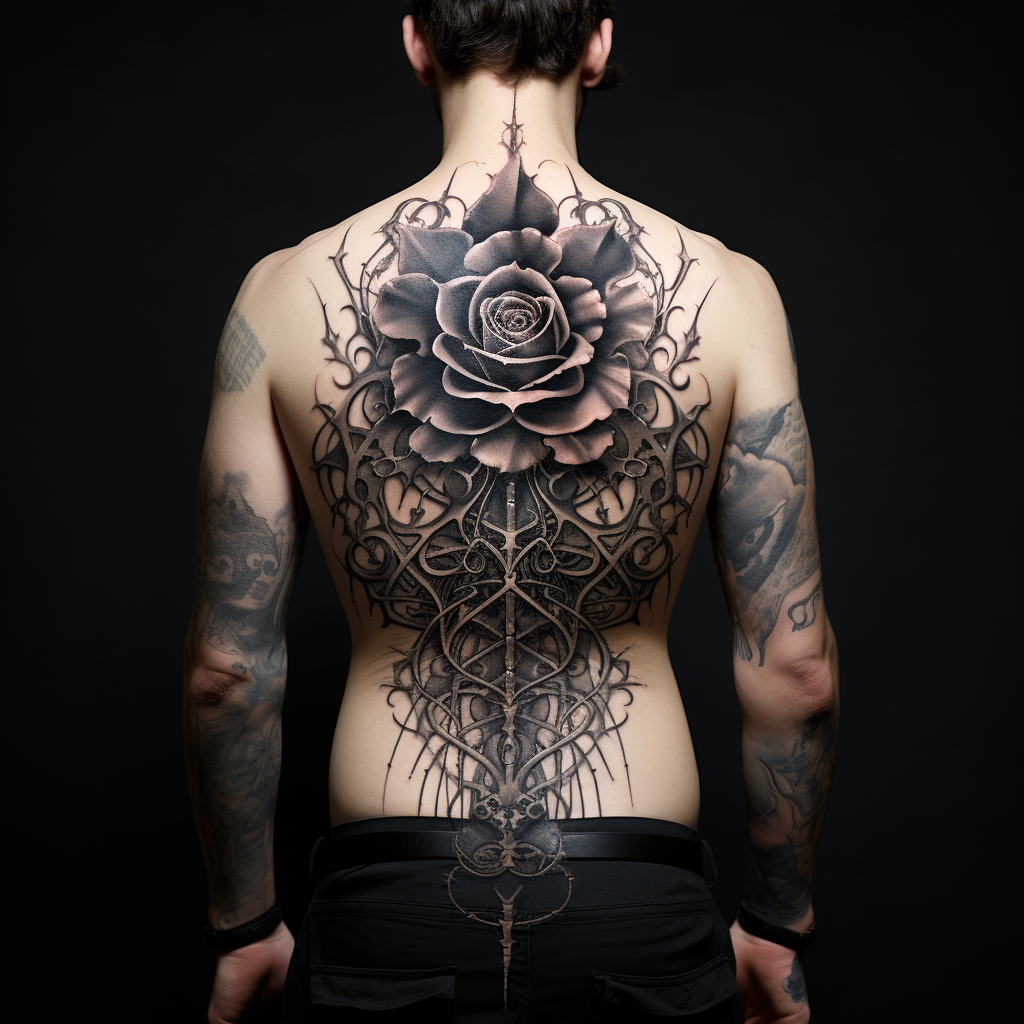 a tattoo,black-ink,Rose & Sculpture Back Tattoo