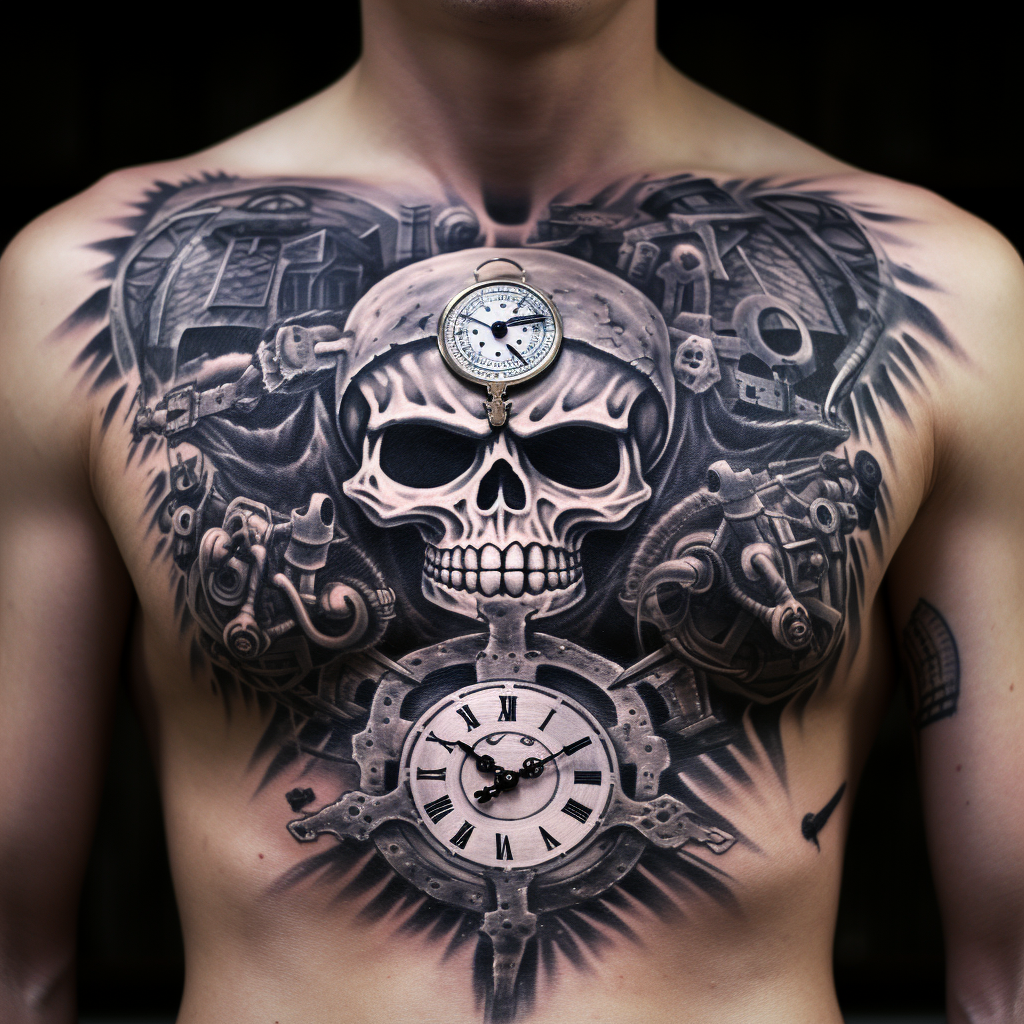 chest-tattoos,Chest Tattoo With Skull, Clock & Owls