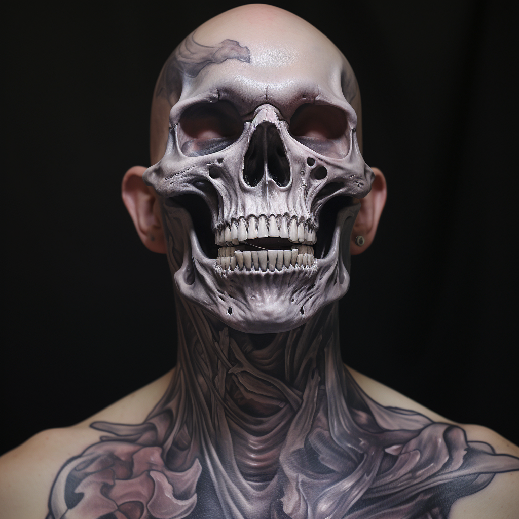 3d-tattoos,Realistic Skull Guys Neck