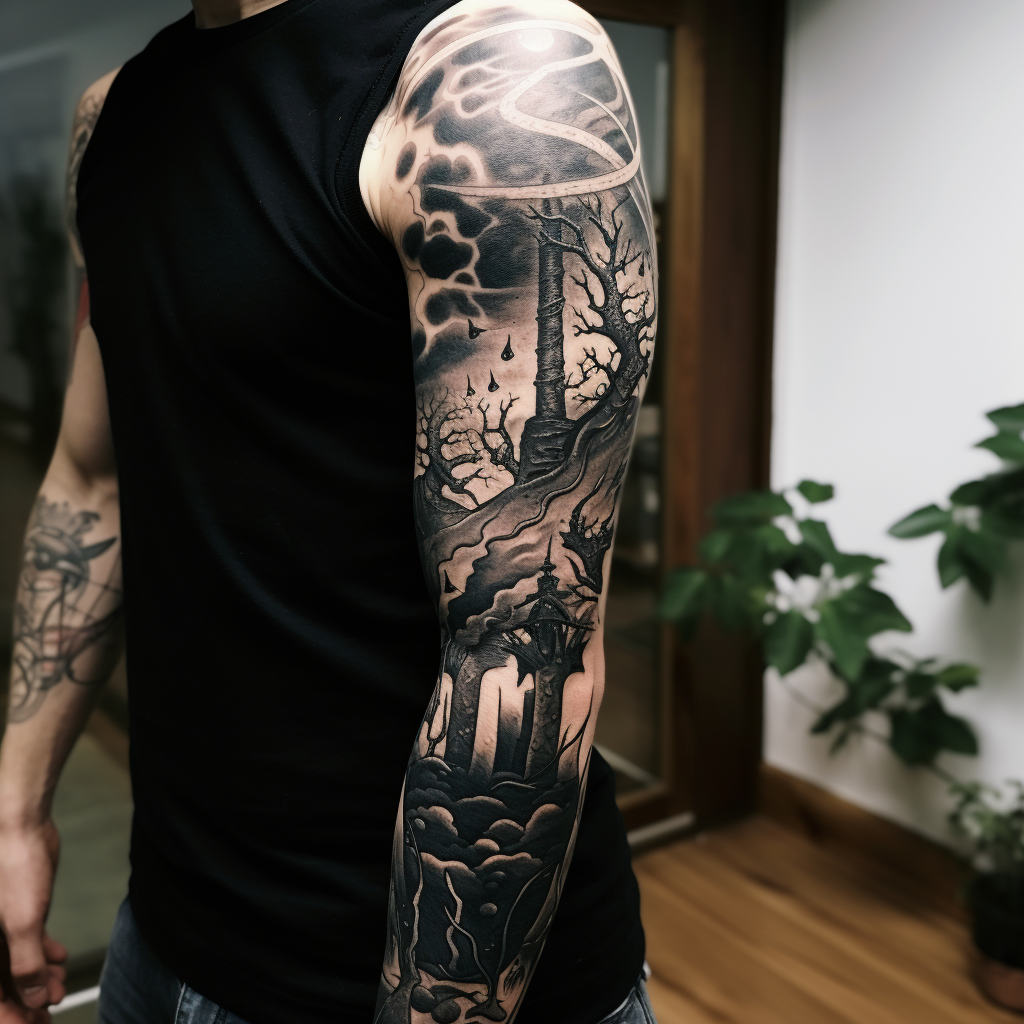 a tattoo,black-ink,Surreal Sleeve