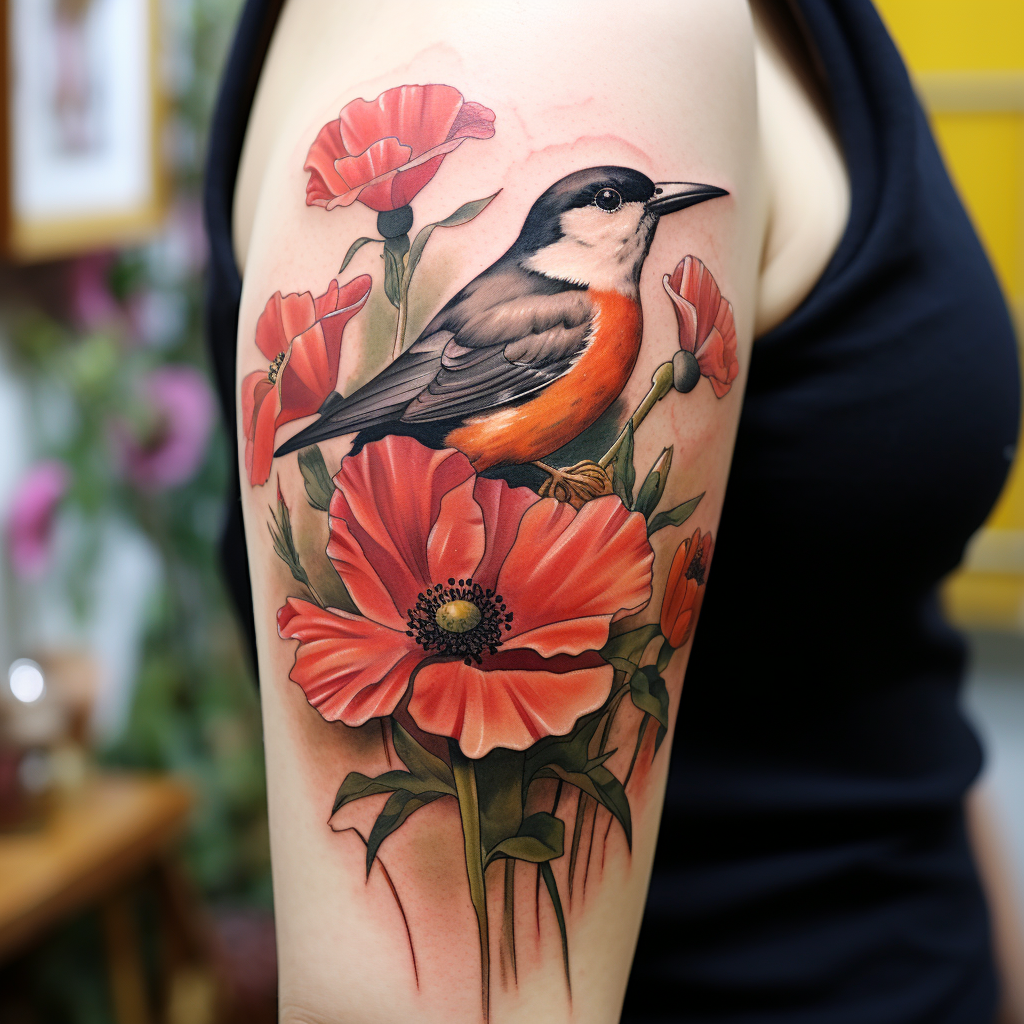 animal-tattoos,Swallow, Poppies & Wildflowers