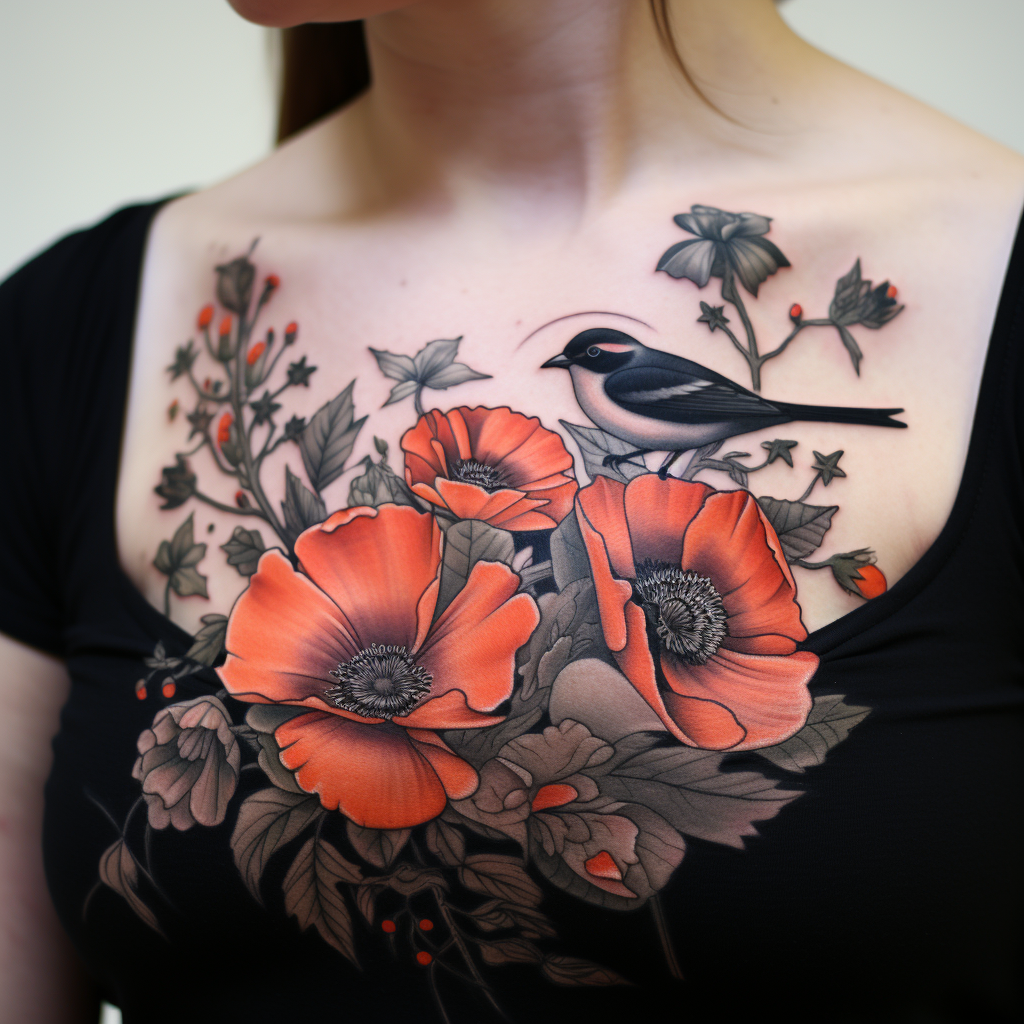 a tattoo,black-ink,Swallow, Poppies & Wildflowers