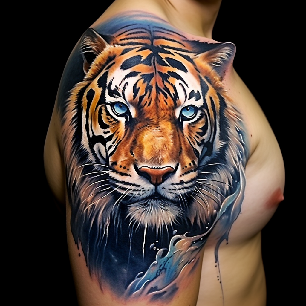 animal-tattoos,Tiger Portrait Shoulder Tattoo