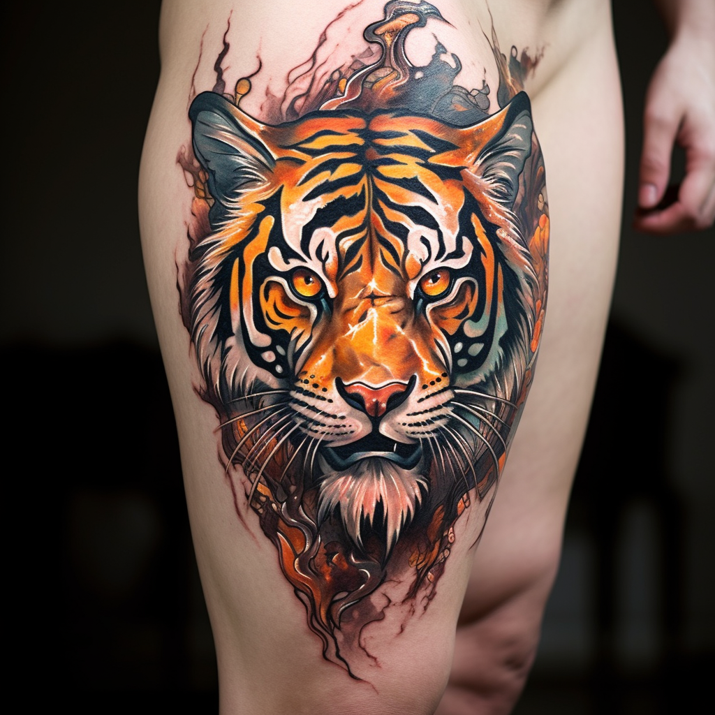 animation-tattoos,Tiger Thigh Tattoo