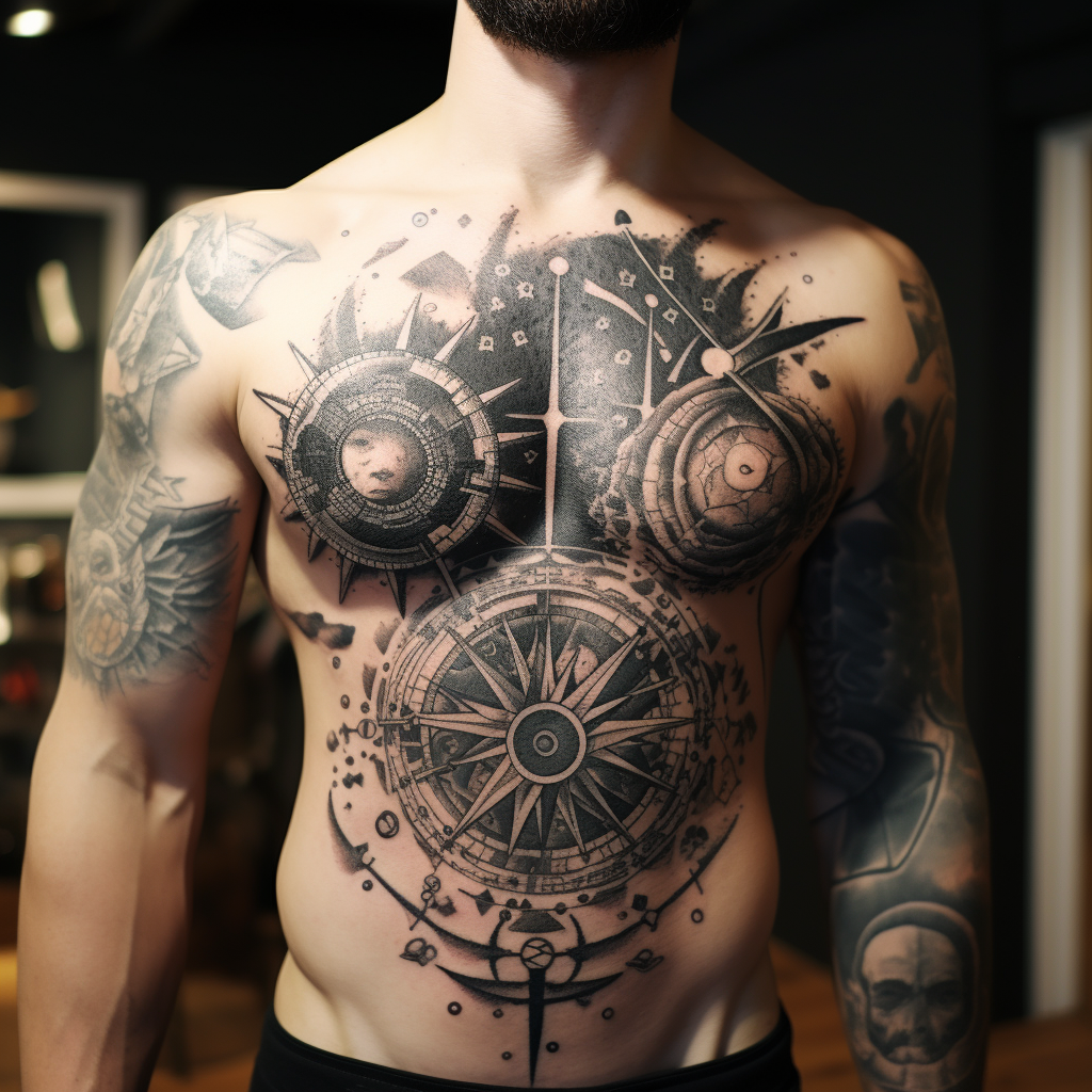 a tattoo,black-ink,Zodiac Map & Mask