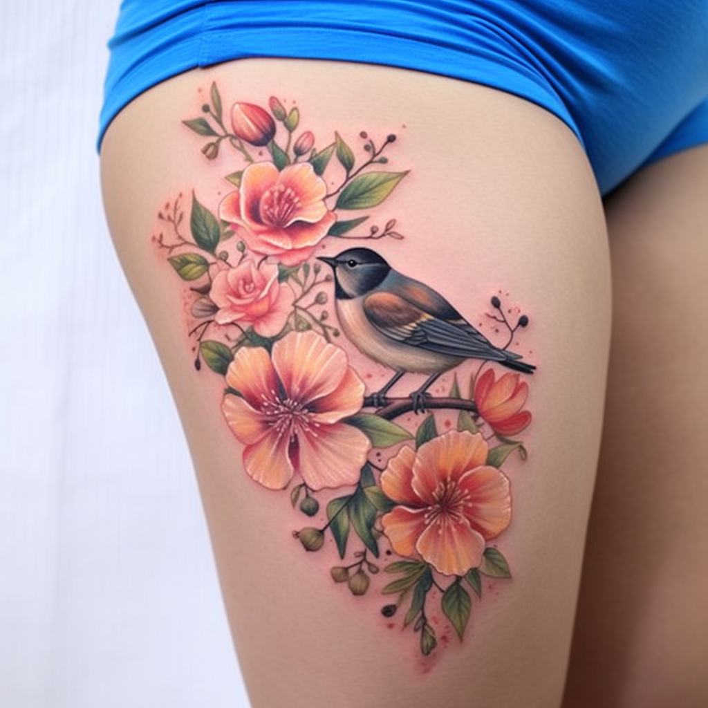 cute-tattoos-2,Bird & Flowers Thigh Tattoo