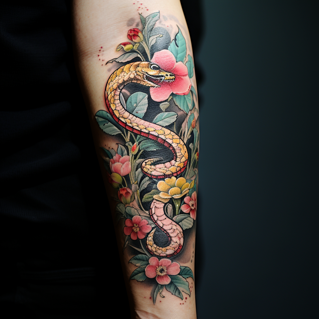 colourful-tattoos,Floral Snake