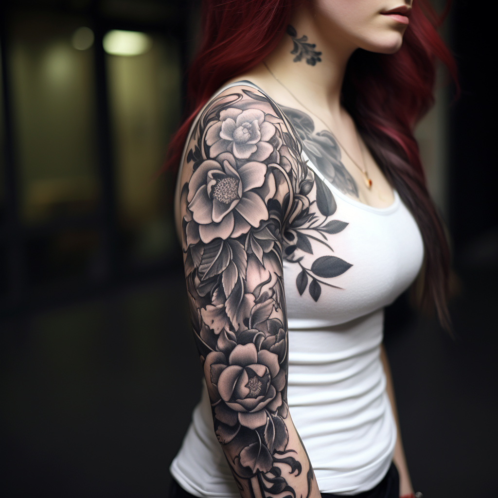 a tattoo,black-ink,Floral Sleeve