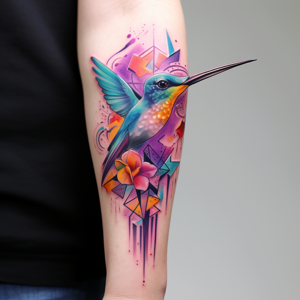 colourful-tattoos,Hummingbird Geometric Forearm Piece