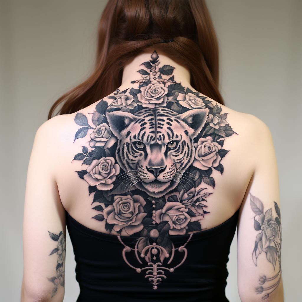 a tattoo,black-ink,Leopard & Roses Back Piece