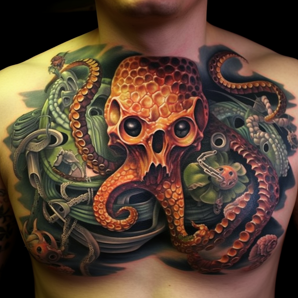 animal-tattoos,Octopus & Turtle Chest Tattoo