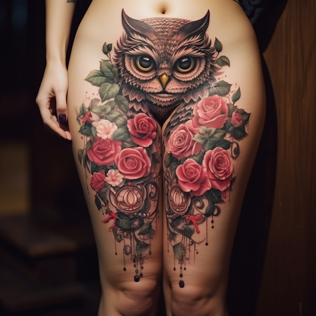 animal-tattoos,Owl & Flowers Hip Tattoo