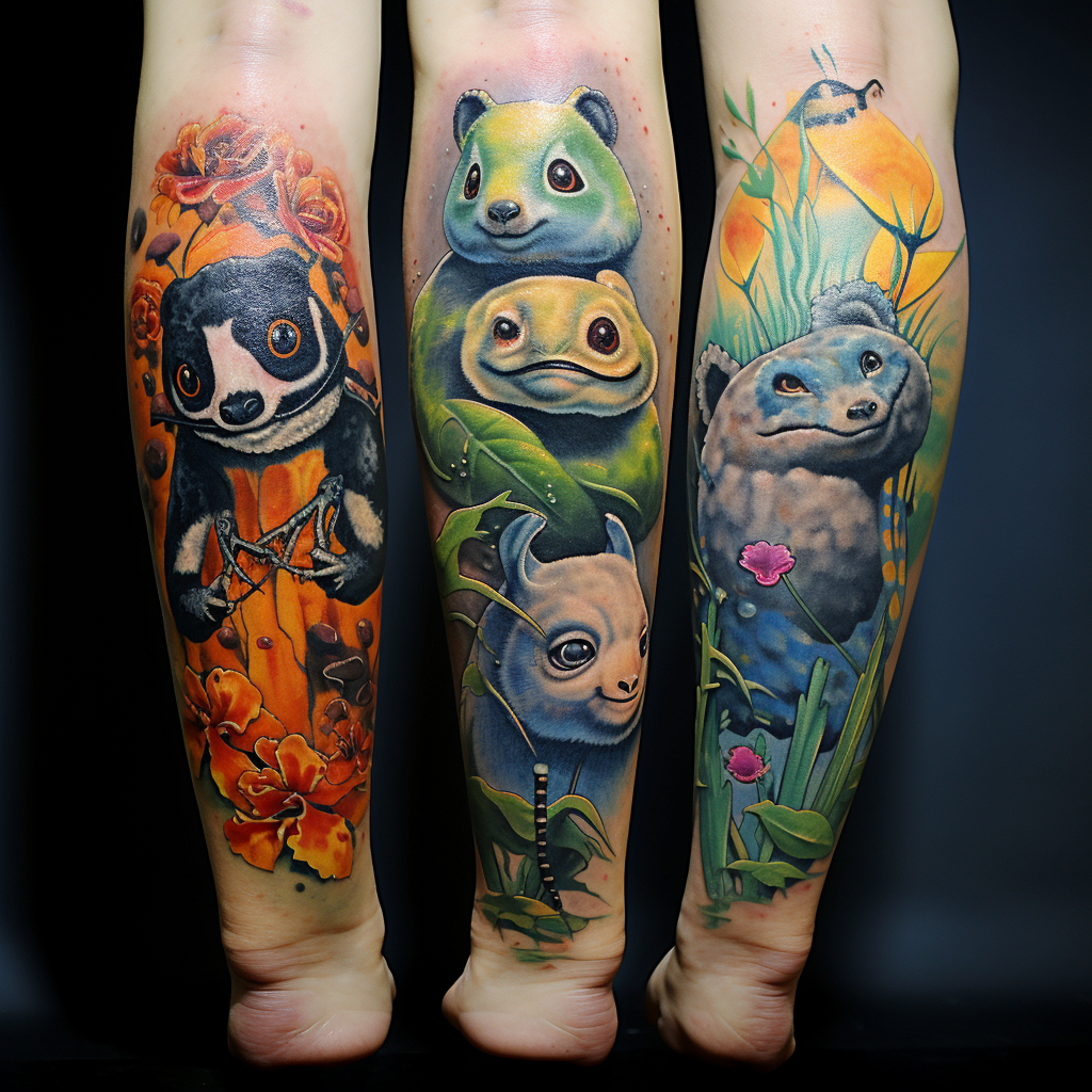 animal-tattoos,Panda, Frog & Chameleon Leg Tattoo