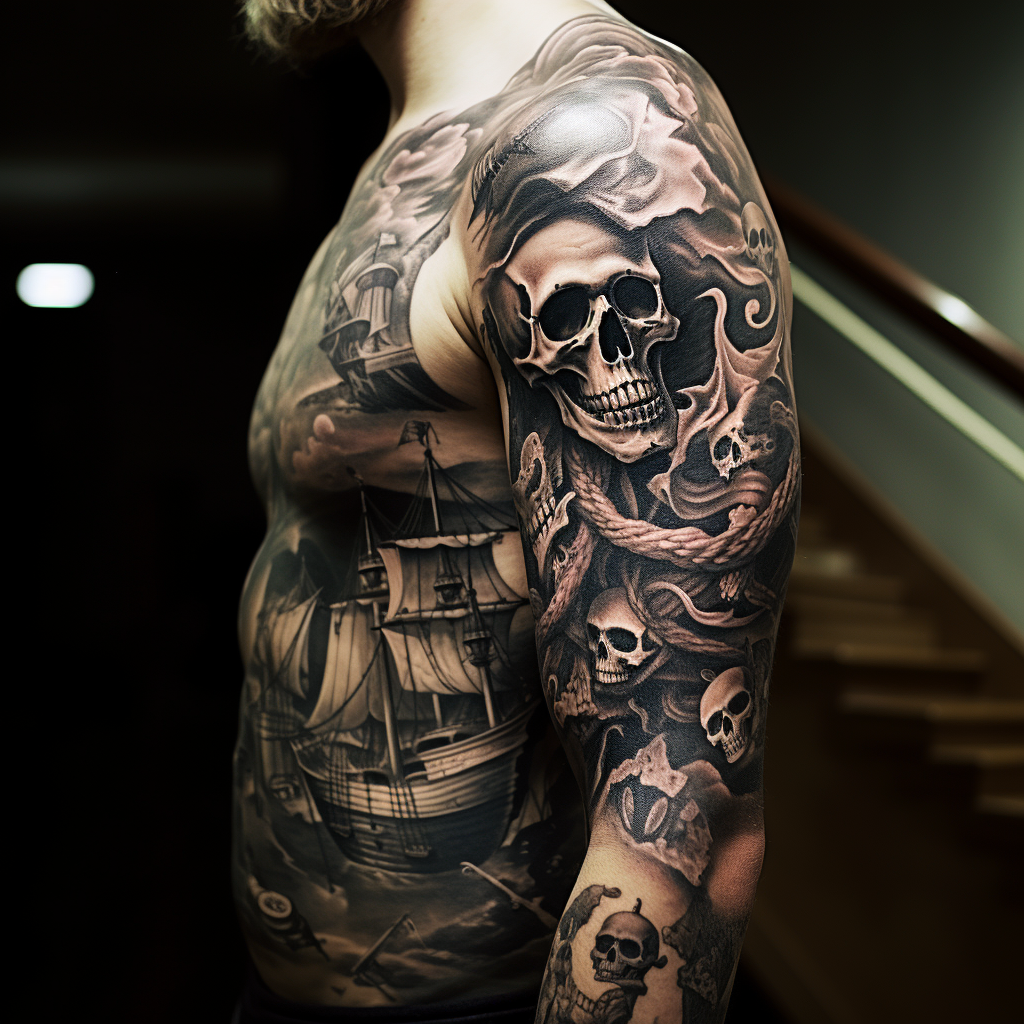 a tattoo,black-ink,Pirate Sleeve With Ship & Skulls