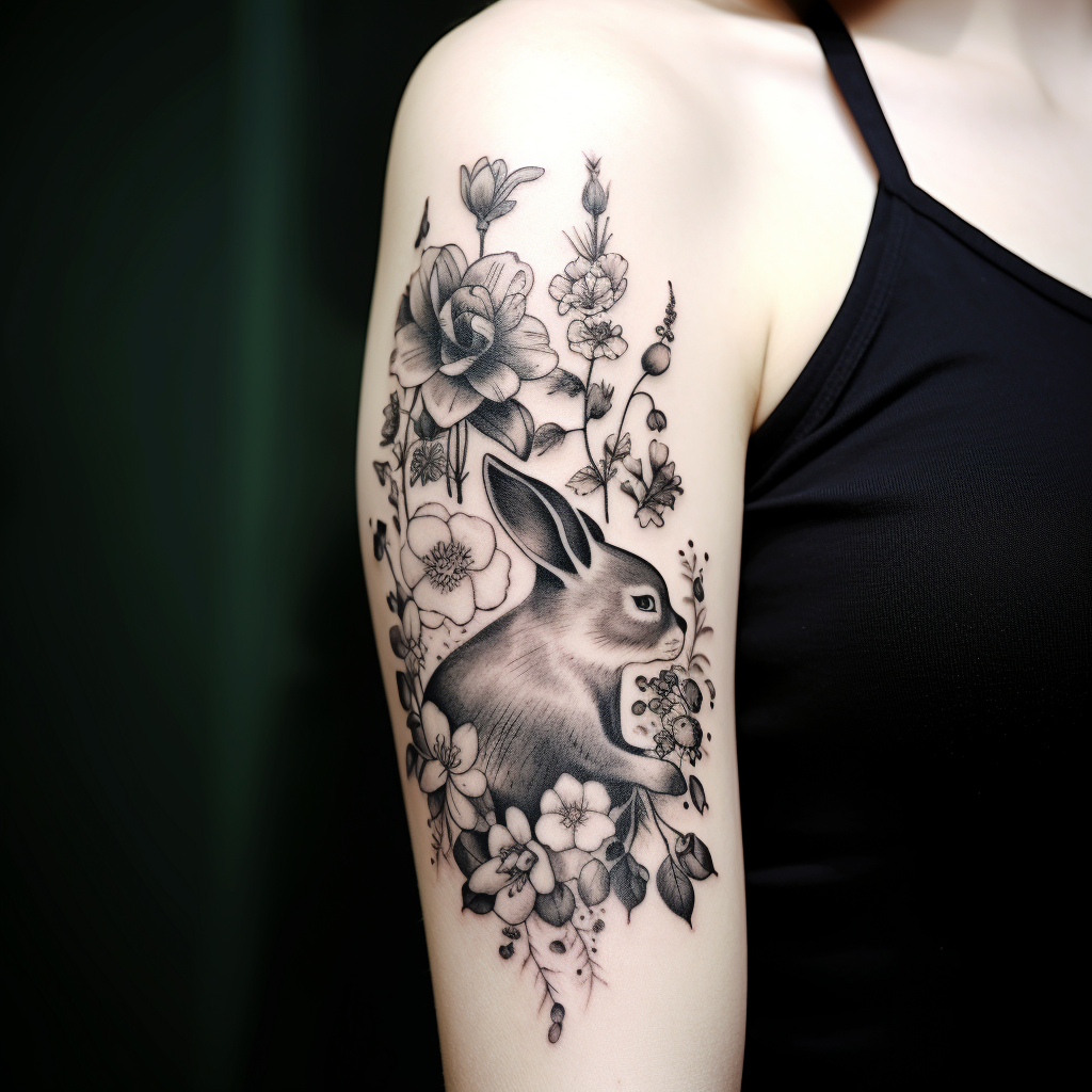 a tattoo,black-ink,Rabbit & Flowers Side Piece