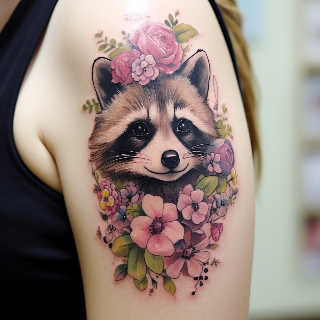 cute-tattoos-2,Raccoon & Pansy Flowers