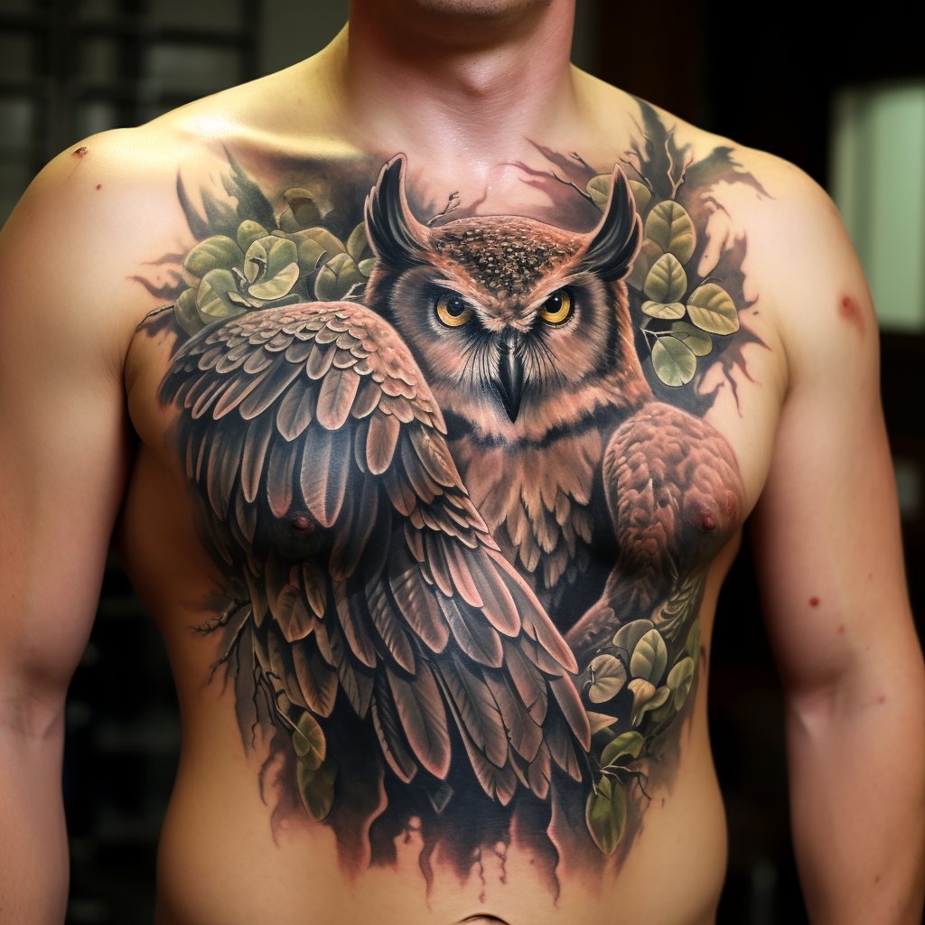 animal-tattoos,Realistic Owl Shoulder & Chest Tattoo