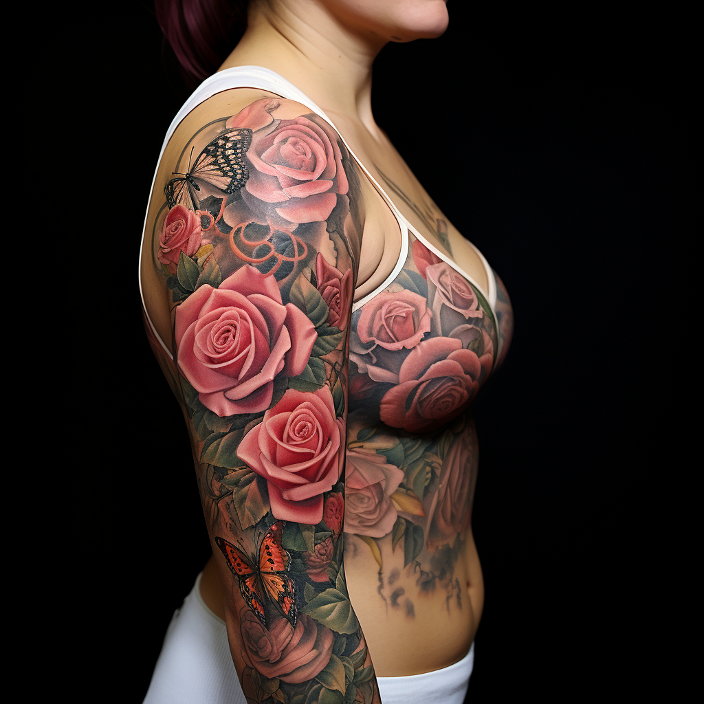 front-tattoos,Roses & Butterflies Sleeve